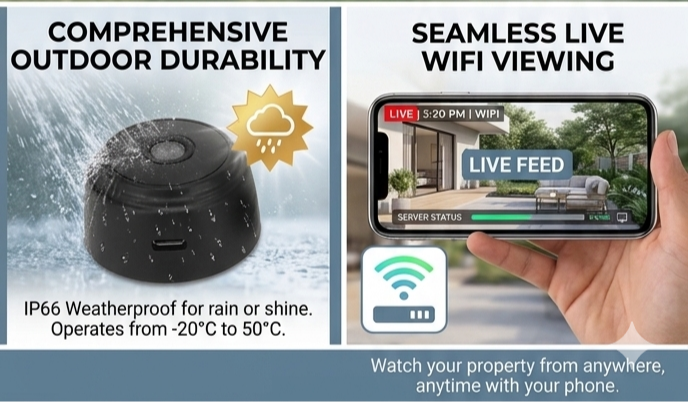 Portable Mini WiFi Camera for Indoor Outdoor Security, Battery Powered Magnetic Video Equipment, Work 45 Minutes Without Power (Black)