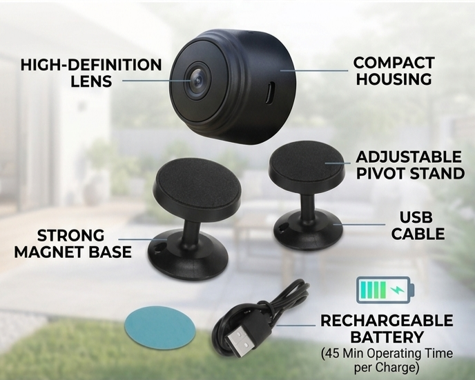 Portable Mini WiFi Camera for Indoor Outdoor Security, Battery Powered Magnetic Video Equipment, Work 45 Minutes Without Power (Black)